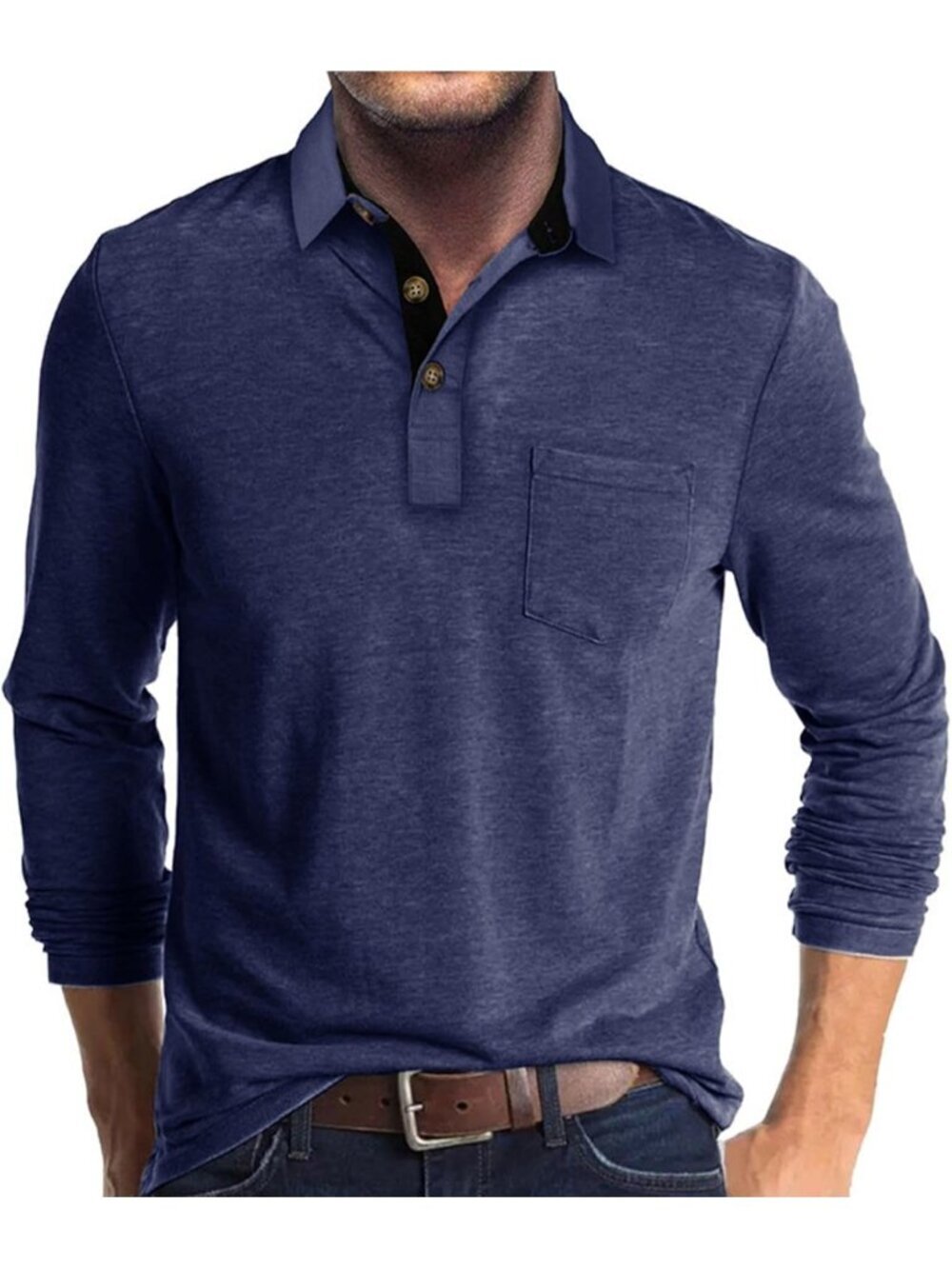 Men's Navy Casual Long Sleeve Polo Shirts Classic Button Cotton Stylish